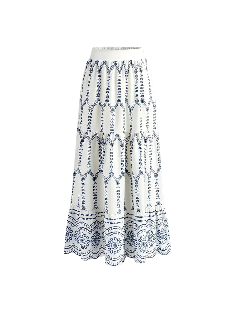 Elegant Blue Floral Print Cross-Strap Top & Skirt Set