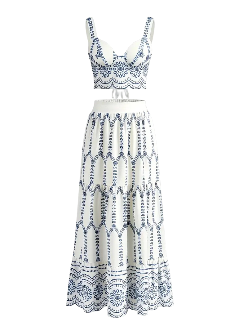 Elegant Blue Floral Print Cross-Strap Top & Skirt Set