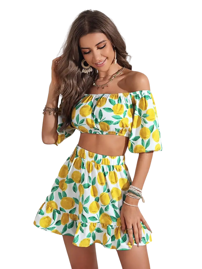 Chic Lemon Print Off-Shoulder Crop Top & Ruffle Hem Skirt Set