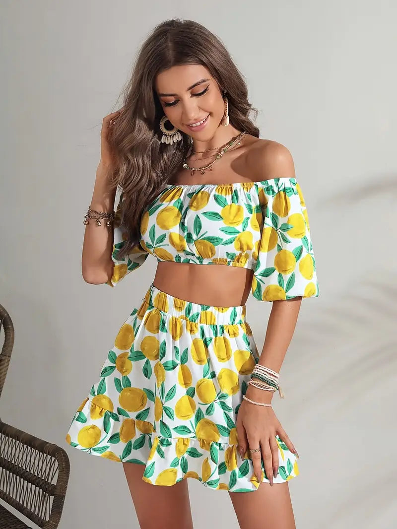 Chic Lemon Print Off-Shoulder Crop Top & Ruffle Hem Skirt Set