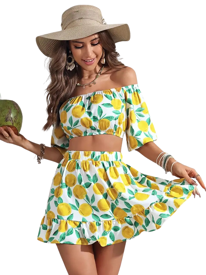 Chic Lemon Print Off-Shoulder Crop Top & Ruffle Hem Skirt Set