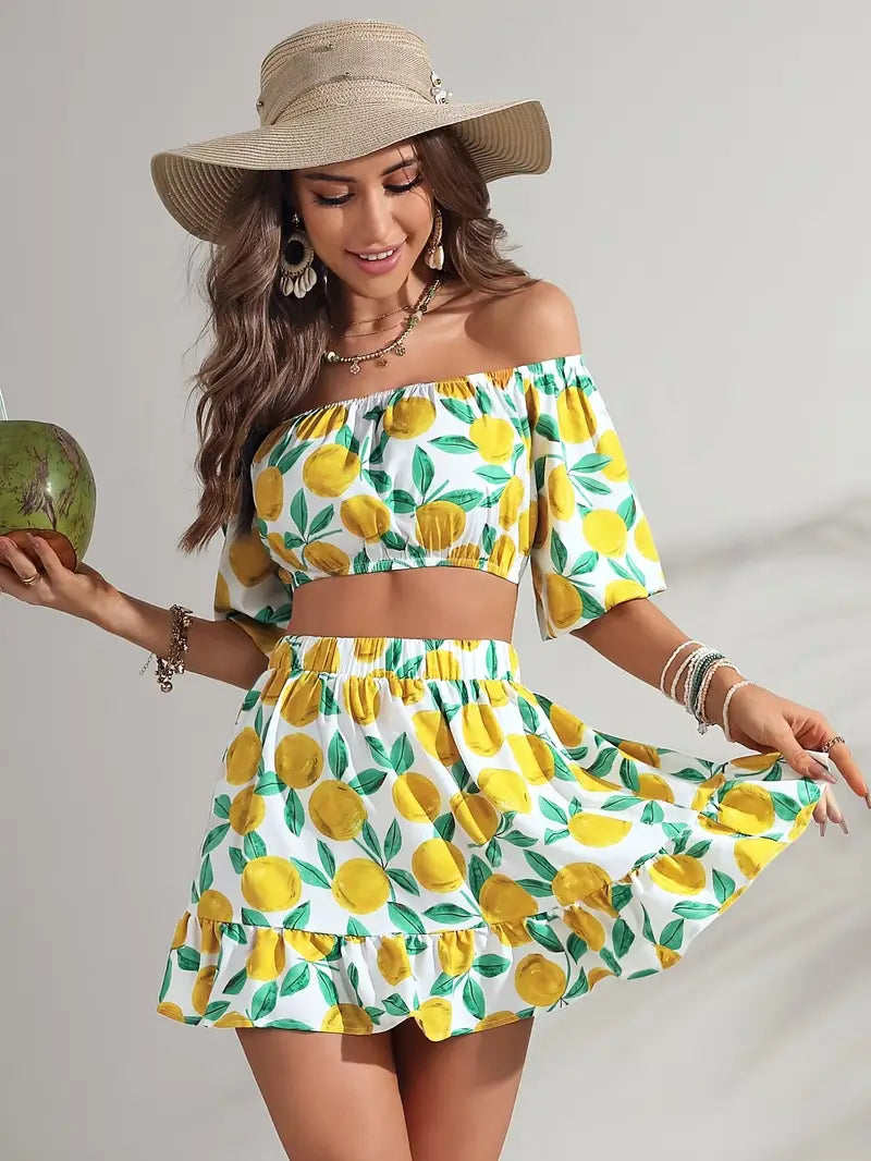Chic Lemon Print Off-Shoulder Crop Top & Ruffle Hem Skirt Set