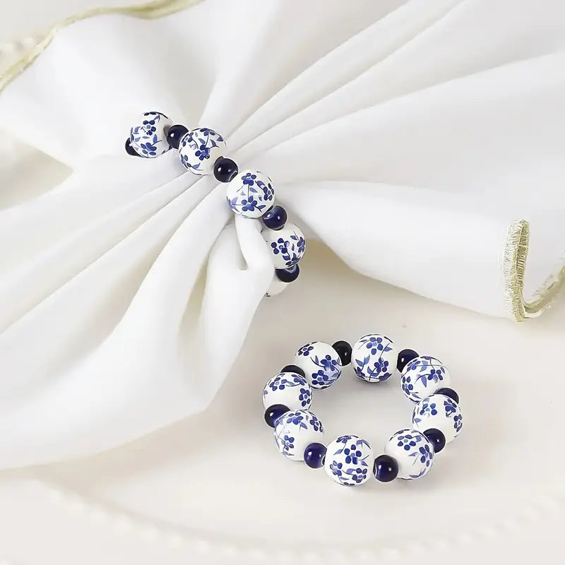 Hand-Painted Blue And White Beads Napkin Ring