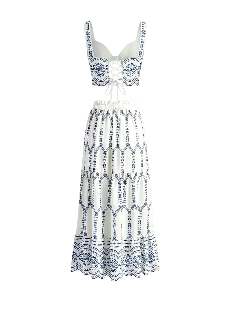 Elegant Blue Floral Print Cross-Strap Top & Skirt Set