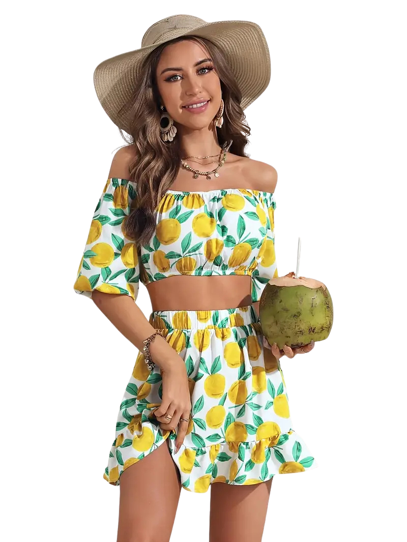 Chic Lemon Print Off-Shoulder Crop Top & Ruffle Hem Skirt Set