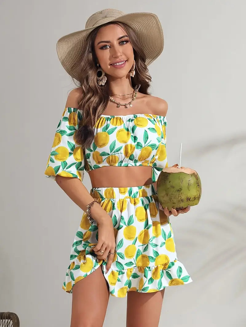 Chic Lemon Print Off-Shoulder Crop Top & Ruffle Hem Skirt Set
