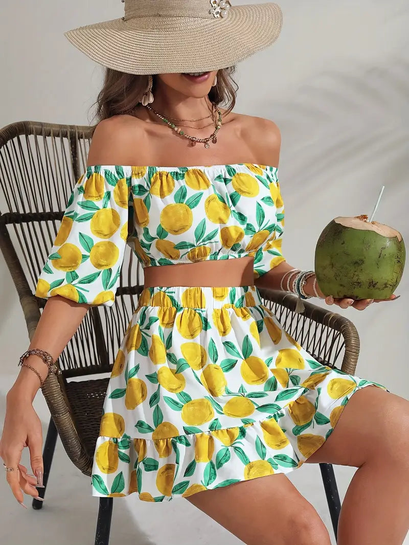 Chic Lemon Print Off-Shoulder Crop Top & Ruffle Hem Skirt Set