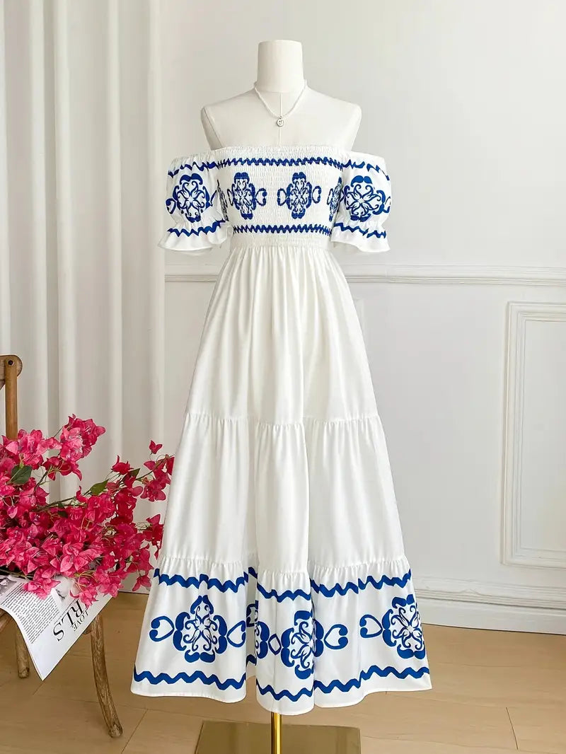 Women's Bohemian Off-Shoulder Long Sleeve Dress with Blue Floral Print