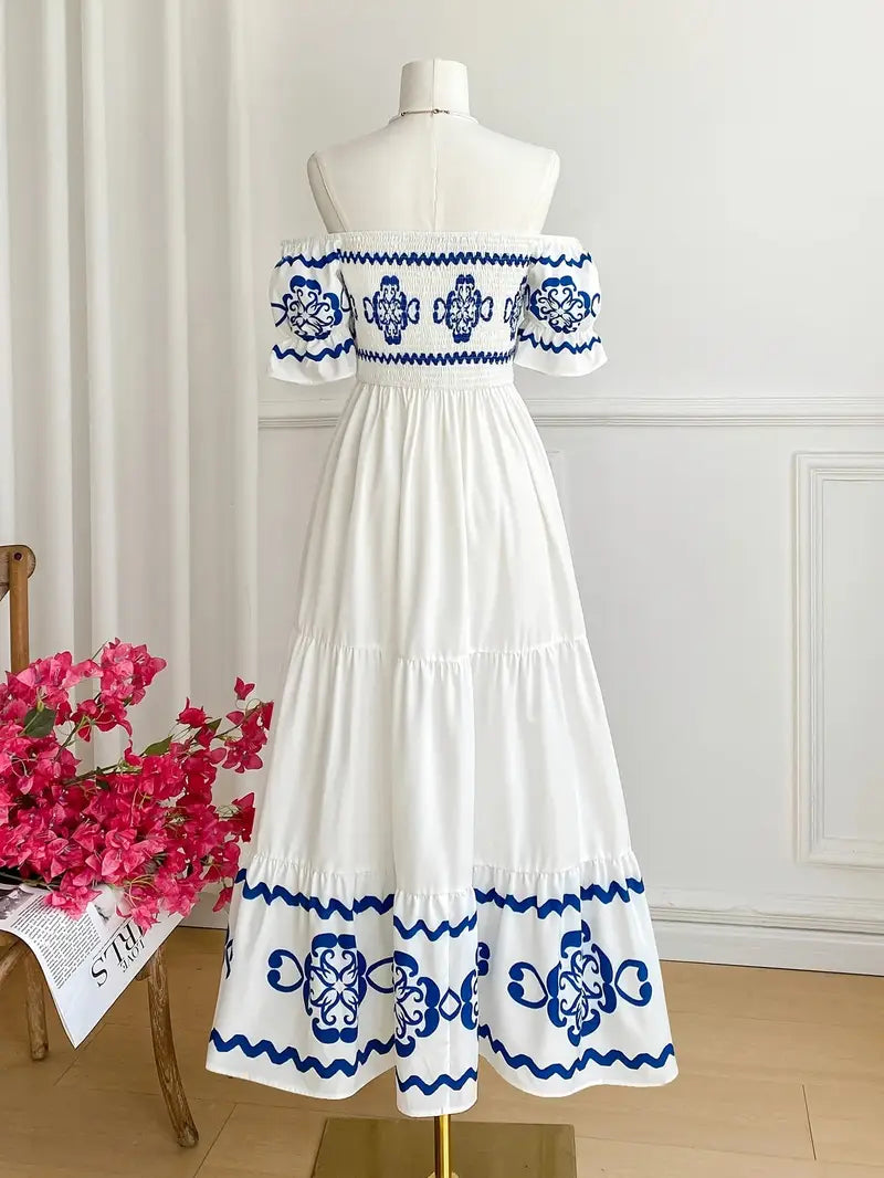 Women's Bohemian Off-Shoulder Long Sleeve Dress with Blue Floral Print