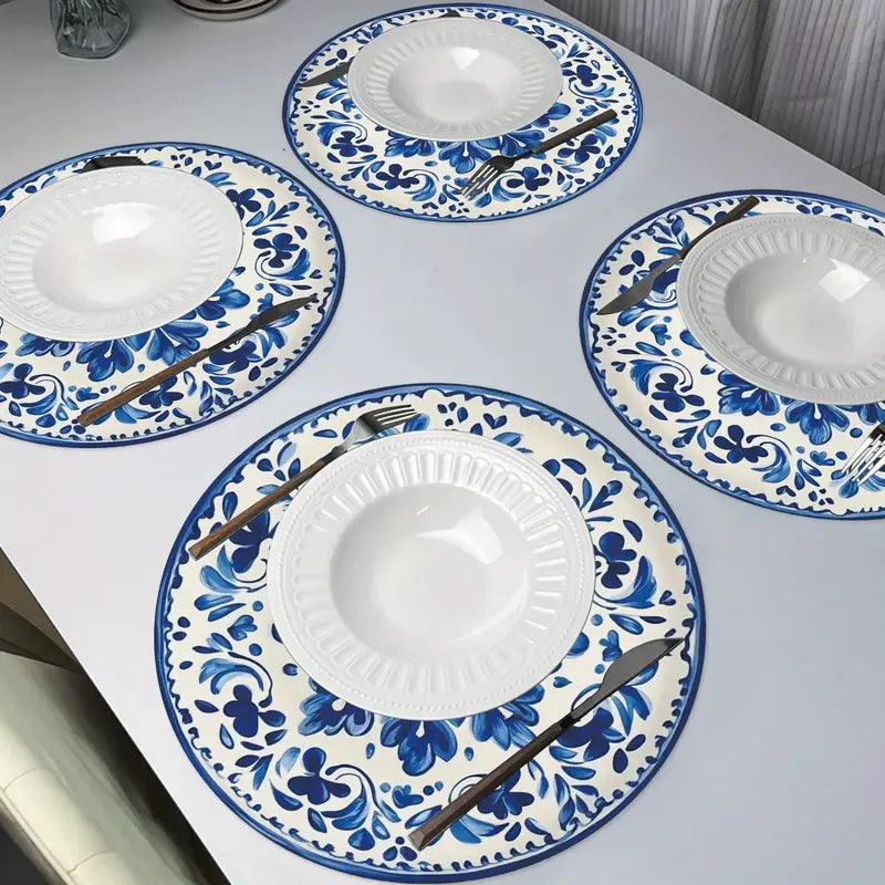 Blue and White Floral Round Placemats