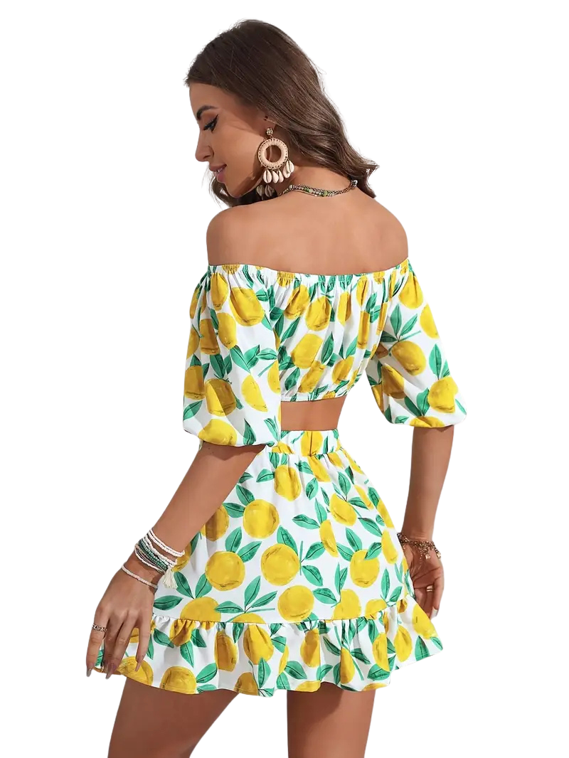 Chic Lemon Print Off-Shoulder Crop Top & Ruffle Hem Skirt Set