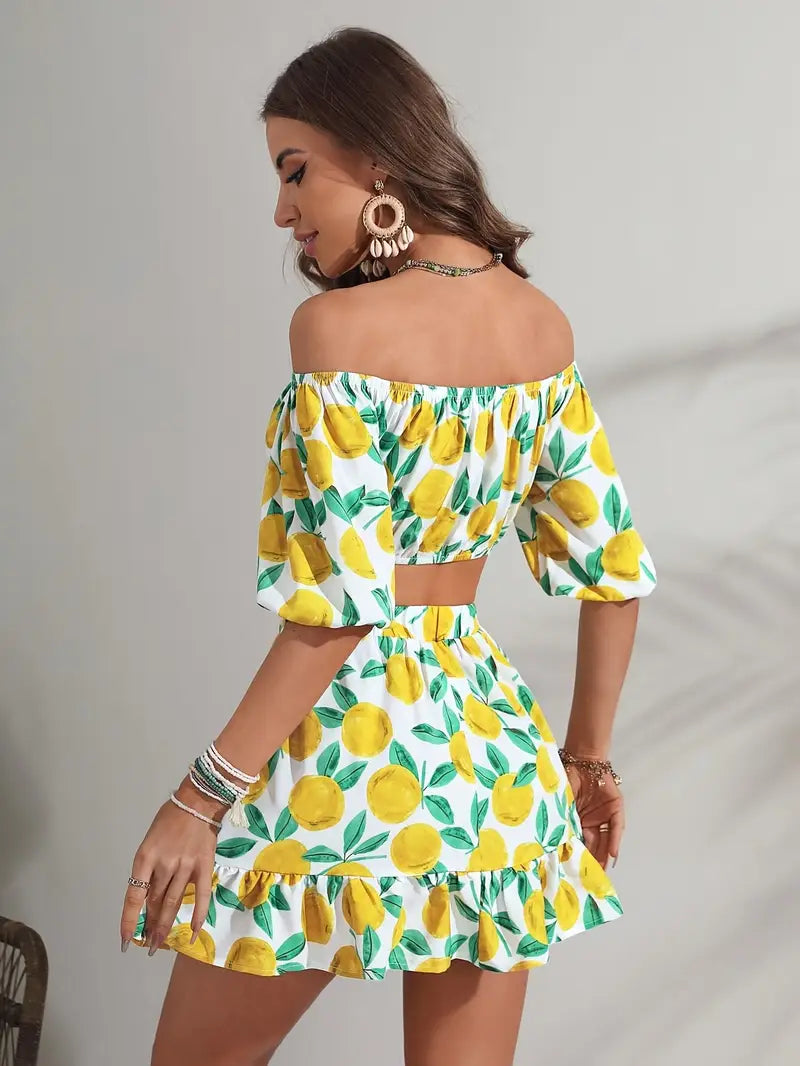 Chic Lemon Print Off-Shoulder Crop Top & Ruffle Hem Skirt Set