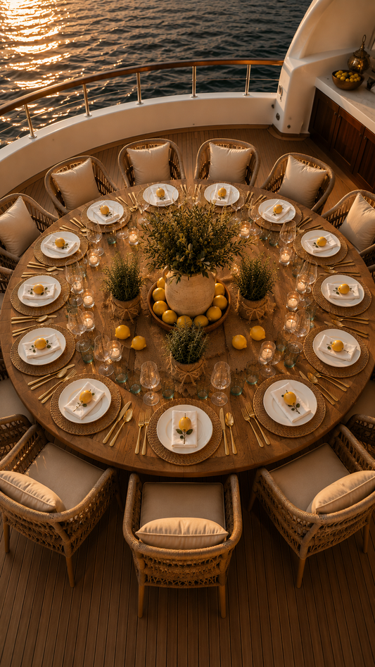 🇮🇹Mediterranean Harvest Tablescape – Luxury Round 12 Seater Superyacht Dining Experience