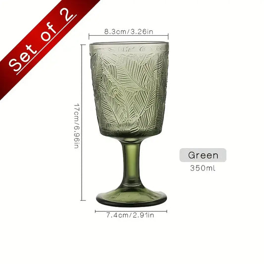 French Vintage Etched Wine Glasses with Leaf Pattern