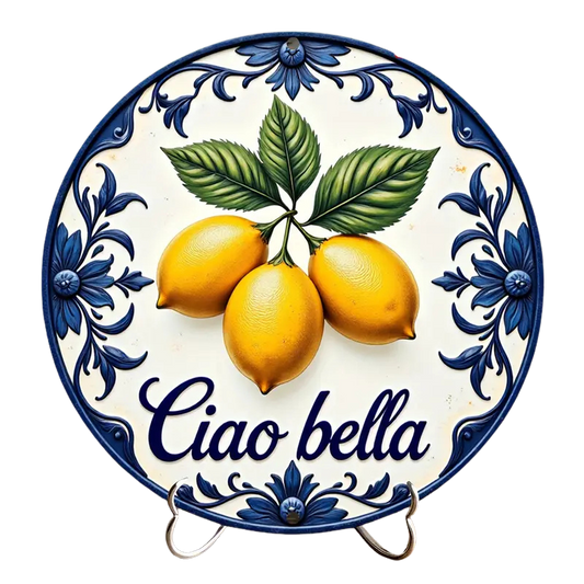 Italian themed ceramic wall art with lemon motif and Ciao bella text