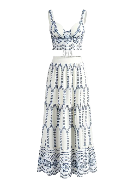 Elegant Blue Floral Print Cross-Strap Top & Skirt Set