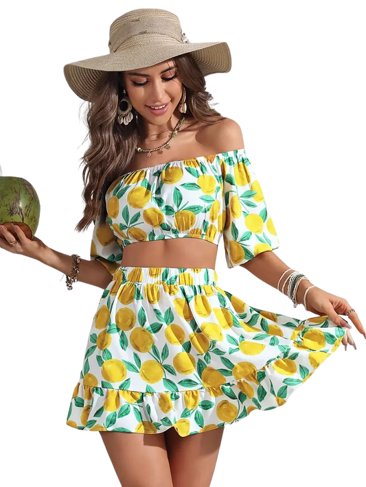 Chic Lemon Print Off-Shoulder Crop Top & Ruffle Hem Skirt Set