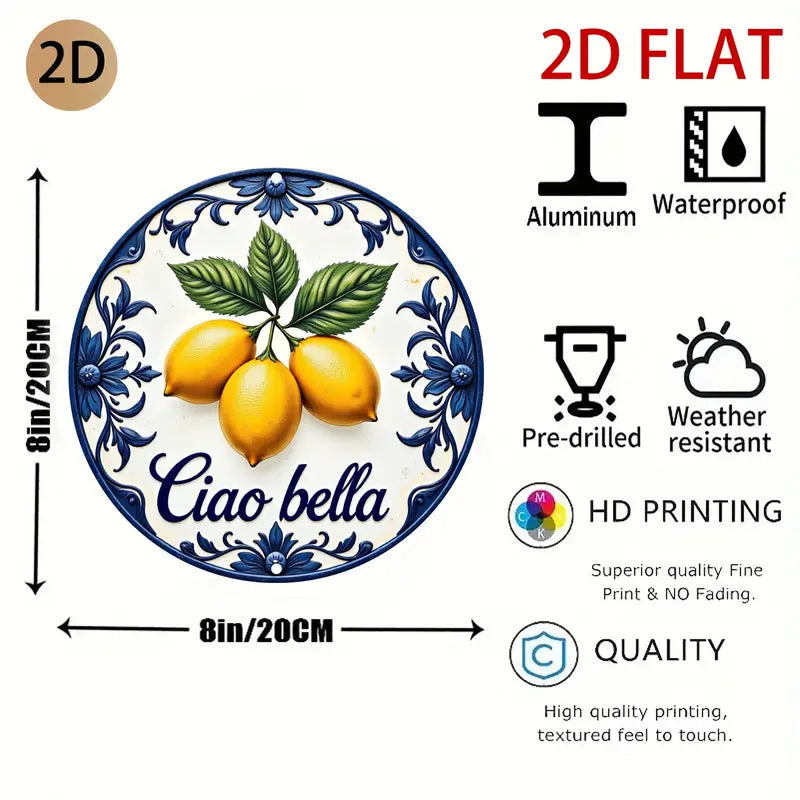 Italian themed ceramic wall art with lemon motif and Ciao bella text