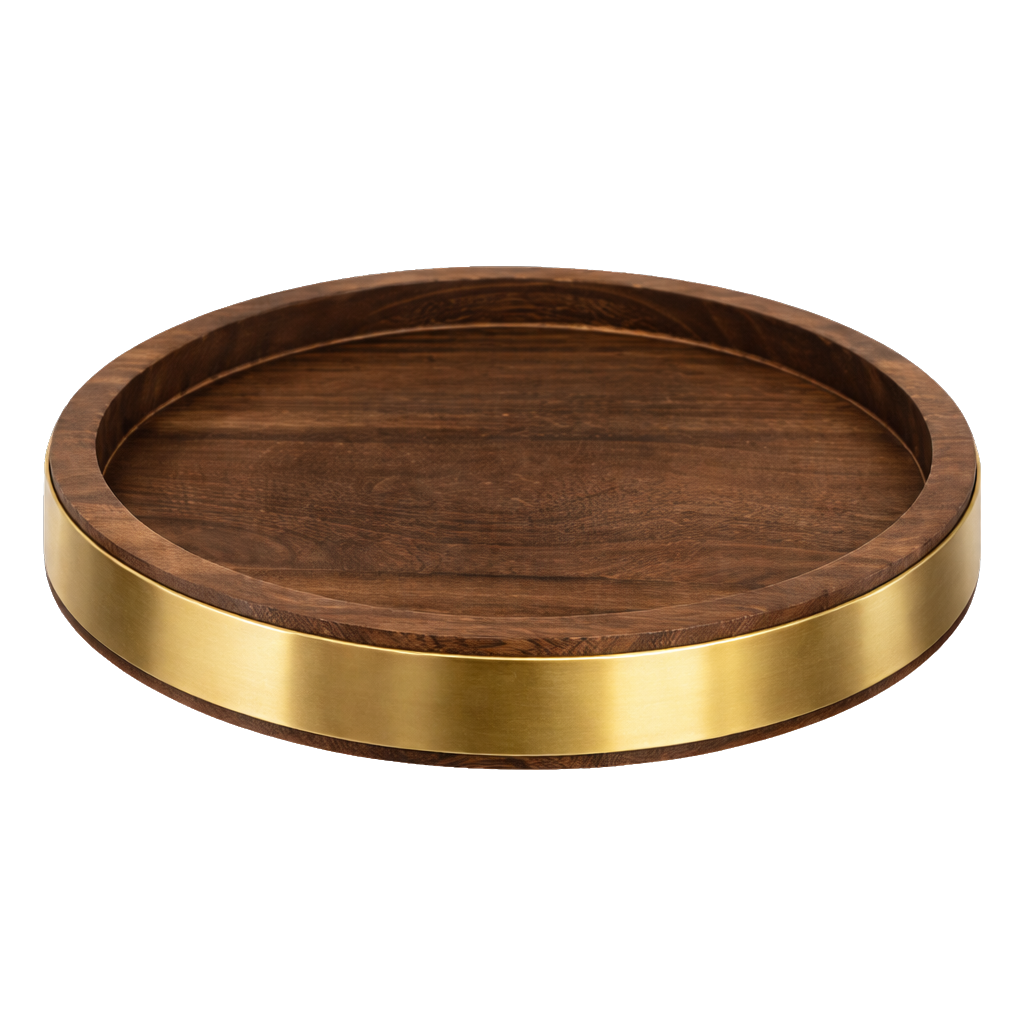 Round Wooden Serving Tray with Brass Rim – 20cm Rustic Luxury Table Styling Tray