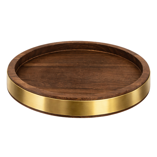 Round Wooden Serving Tray with Brass Rim – 20cm Rustic Luxury Table Styling Tray