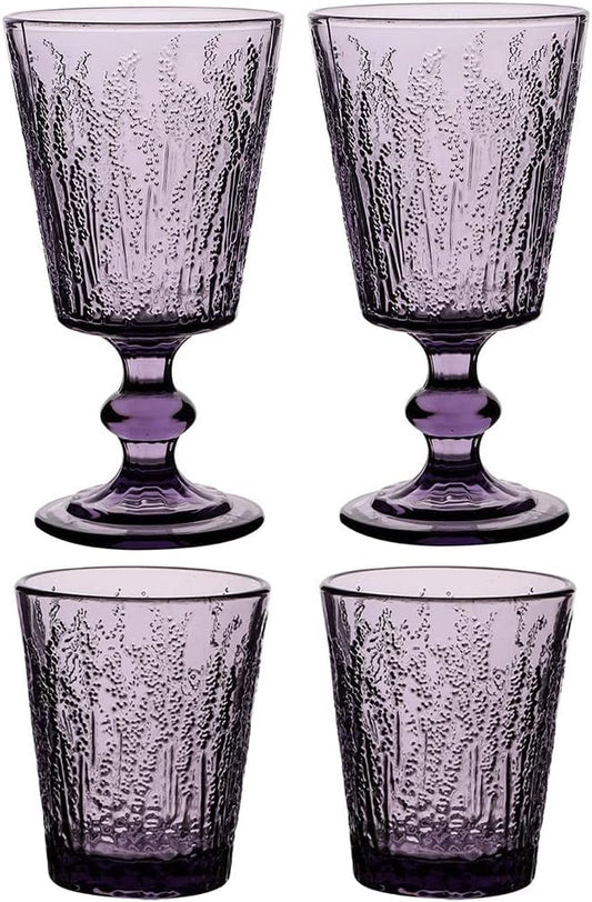 Provence Lavender Vintage Embossed Glassware Set – Wine Goblets & Tumblers