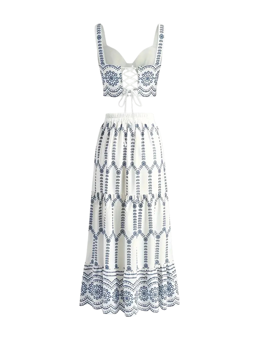 Elegant Blue Floral Print Cross-Strap Top & Skirt Set