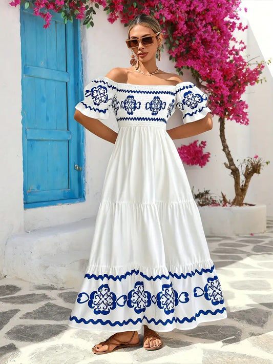 Women's Bohemian Off-Shoulder Long Sleeve Dress with Blue Floral Print