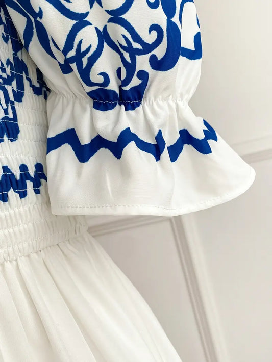 Women's Bohemian Off-Shoulder Long Sleeve Dress with Blue Floral Print
