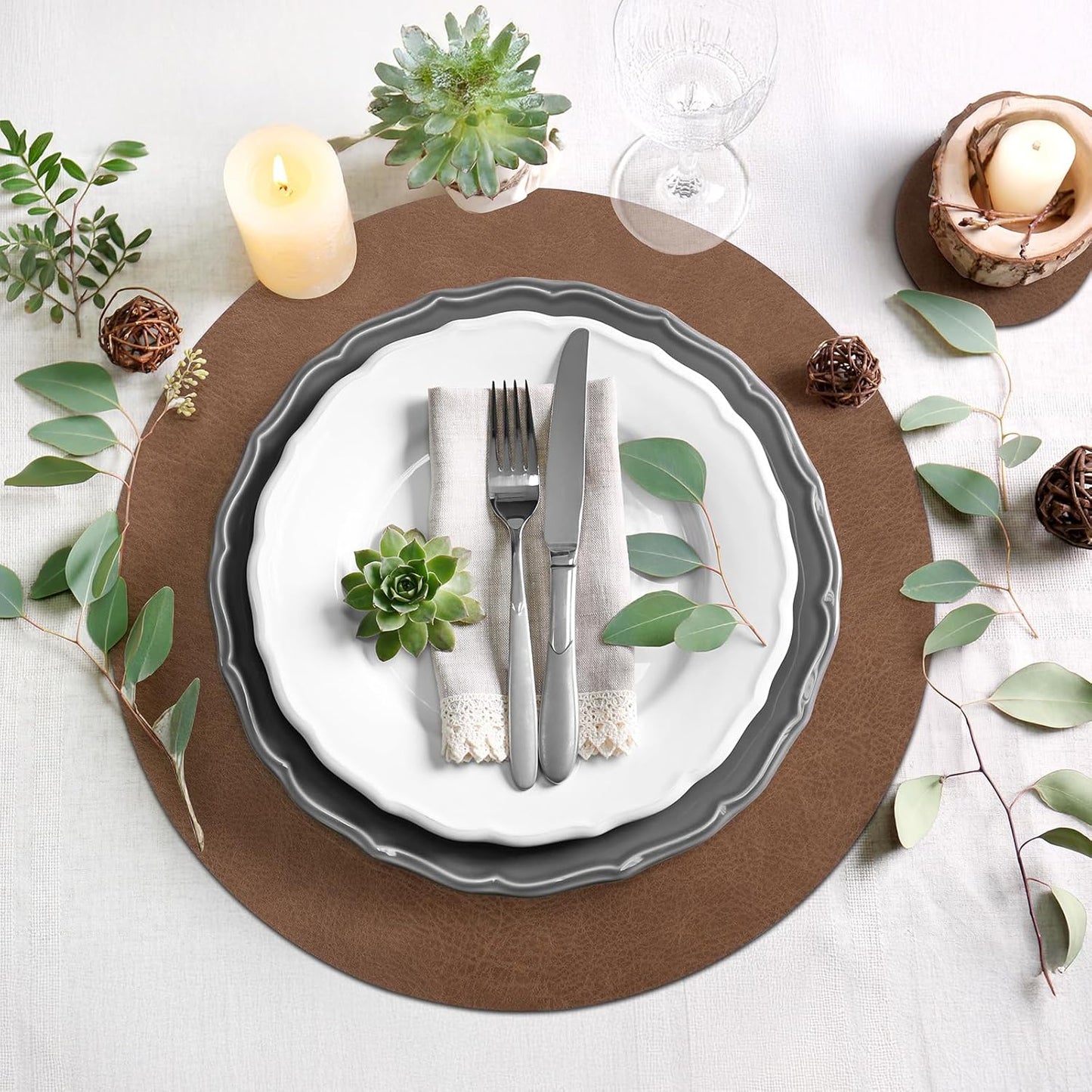 Classic Brown Faux Leather Round Placemat – 38cm