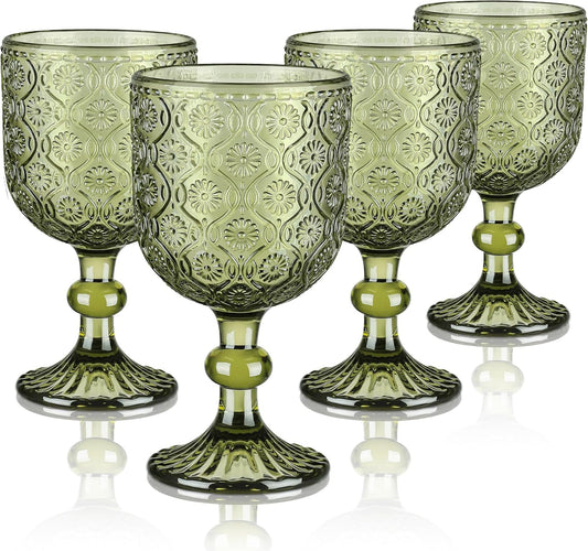 Vintage Olive Bloom Embossed Wine Goblets – 350ml Green Vintage Glass Goblet Set