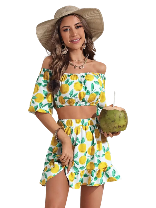 Chic Lemon Print Off-Shoulder Crop Top & Ruffle Hem Skirt Set
