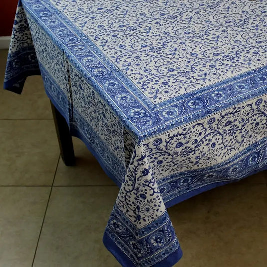 Blue and White Floral Linen Tablecloth - 260CM