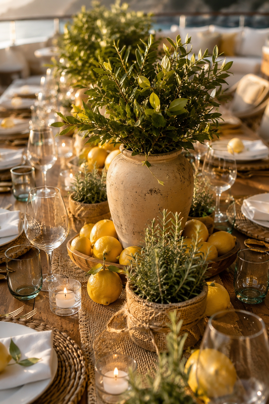🇮🇹Mediterranean Harvest Tablescape – Luxury Rectangular 12 Seater Superyacht Dining Experience