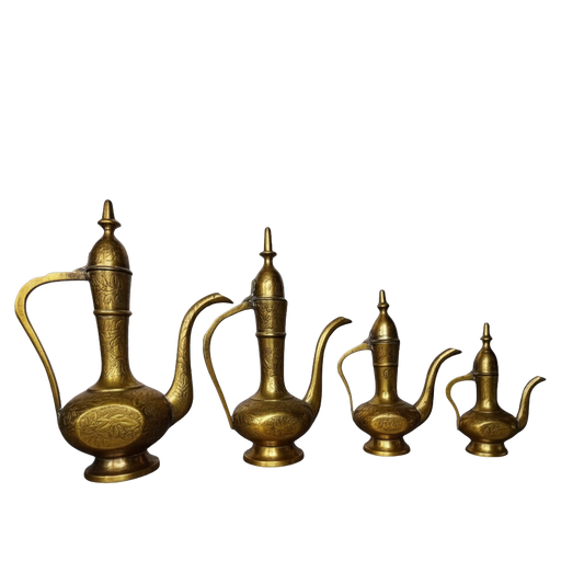 Vintage Brass Ewer Set (Set of 4) – Ornate Decorative Pitchers | Arabian Nights Tablescape Décor