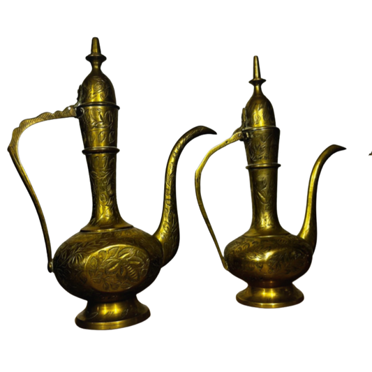 Vintage Brass Ewer Set (Set of 4) – Ornate Decorative Pitchers | Arabian Nights Tablescape Décor
