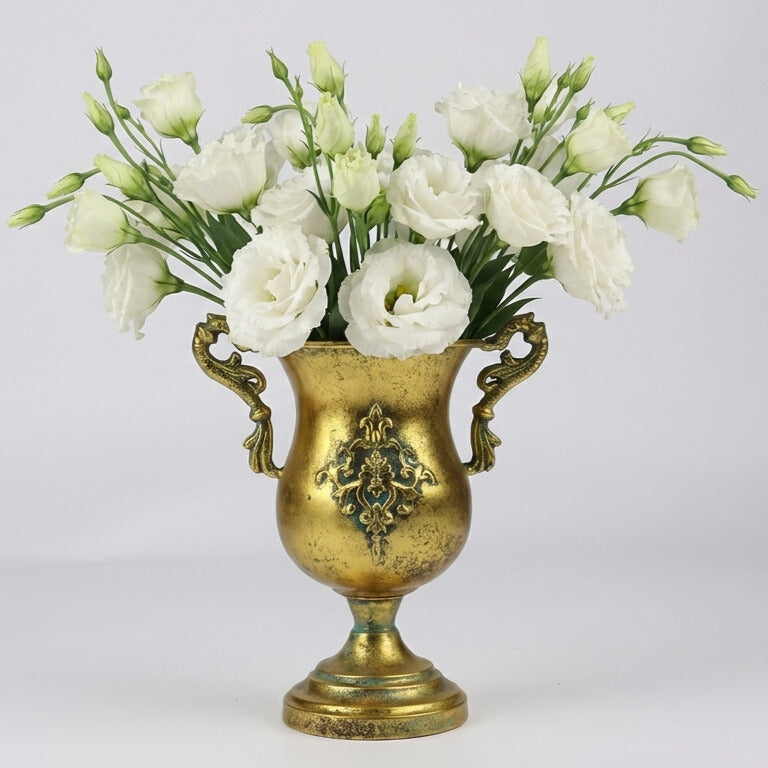Antique Gold Metal Footed Vase with Heraldic Emblem – Luxury Decorative Vase