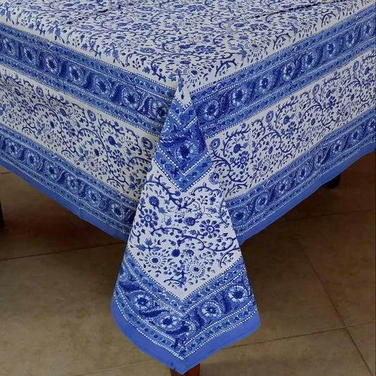 Blue and White Floral Linen Tablecloth - 260CM