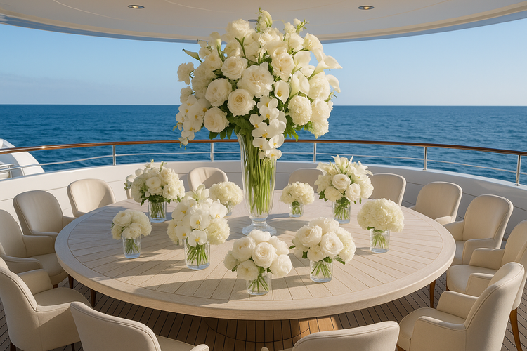 CREATE A DISPLAY WITH A VARIETY OF FLOWER ARRANGEMENTS INCLUDING AN IMPRESSIVE UPRIGHT ARRANGEMENT USING A VARIETY OF LUXURY WHITE FLOWERS. DISPLAY THEM ON A ROUND WHITE WASHED DECK TABLE 14 SEATER ON A SUPER YACHT WITH SEA IN BACKGROUND