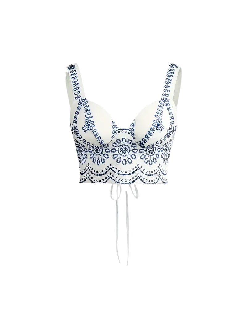 Elegant Blue Floral Print Cross-Strap Top & Skirt Set
