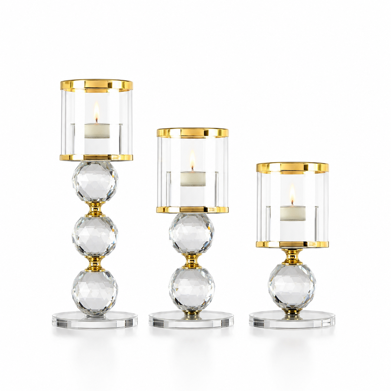 Luxury Crystal & Gold Candle Holder Set of 3  (12cm, 15cm & 20cm)