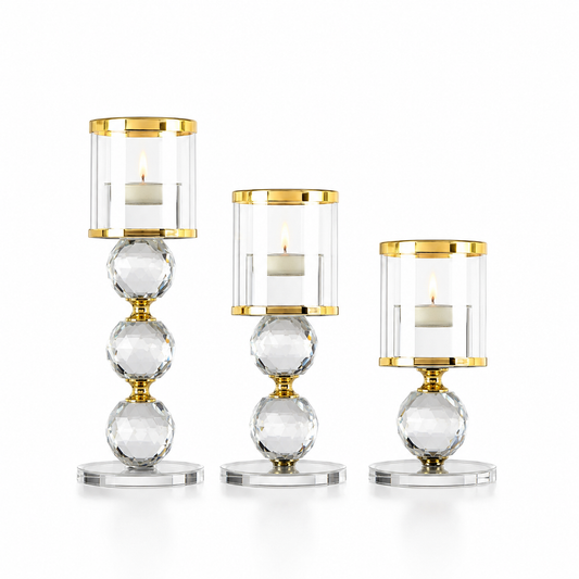 Luxury Crystal & Gold Candle Holder Set of 3  (12cm, 15cm & 20cm)